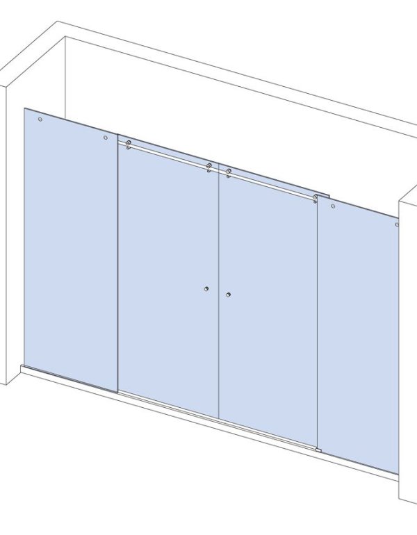 Sprchovací kút do niky s 2 posuvnými krídlami a 2 fixnými panelmi